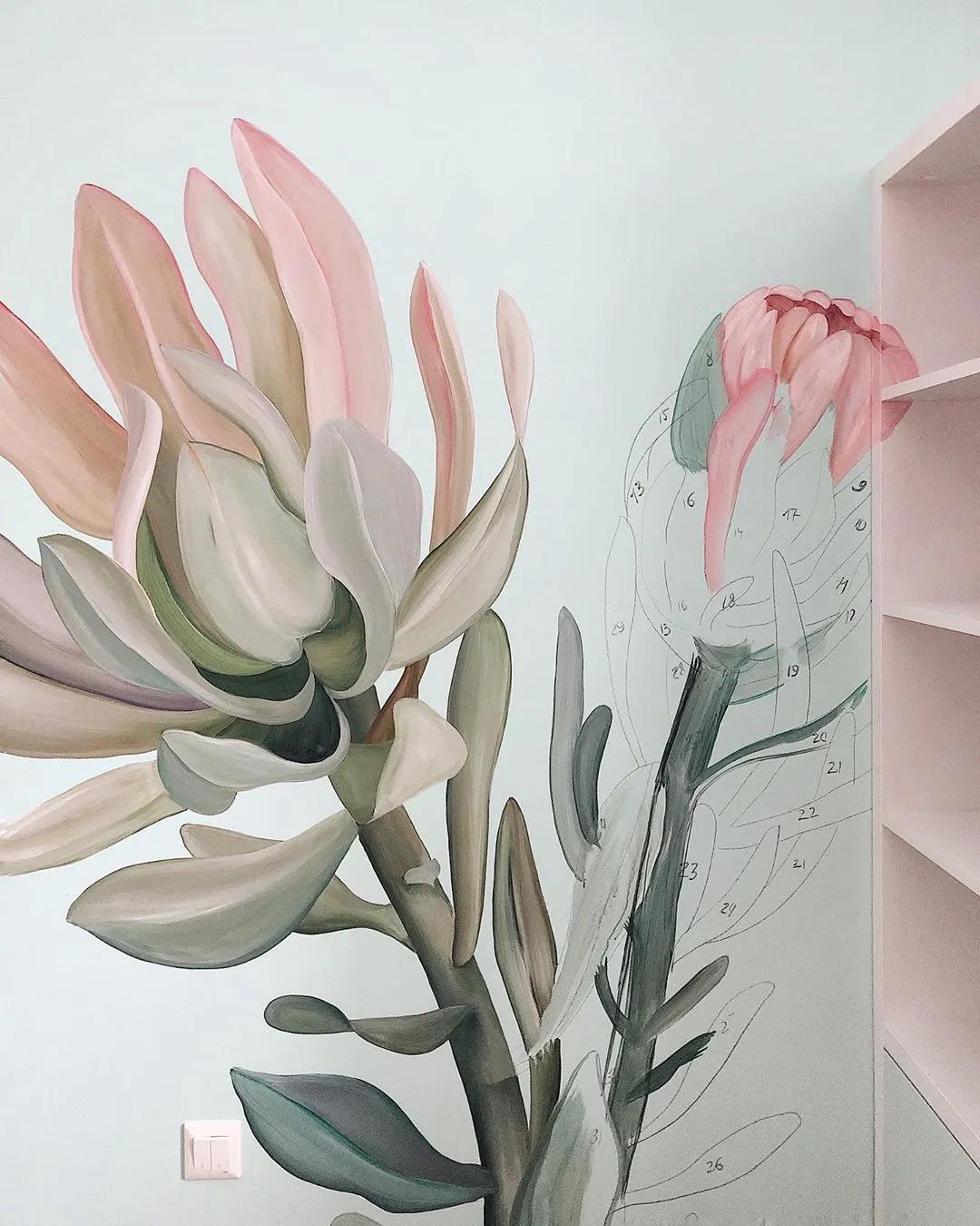 花卉墙绘,墙绘花卉色彩作品