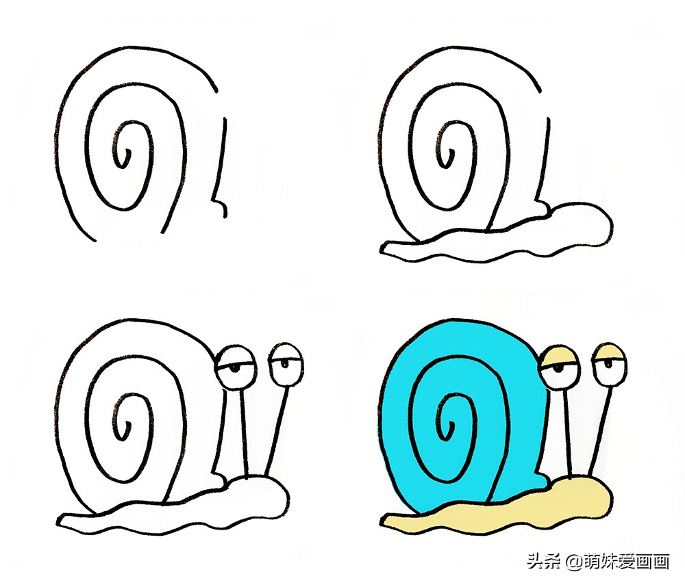 小蜗牛春夏秋冬四季创意画简笔画,蜗牛与鱼青蛙荷花创作一幅简笔画