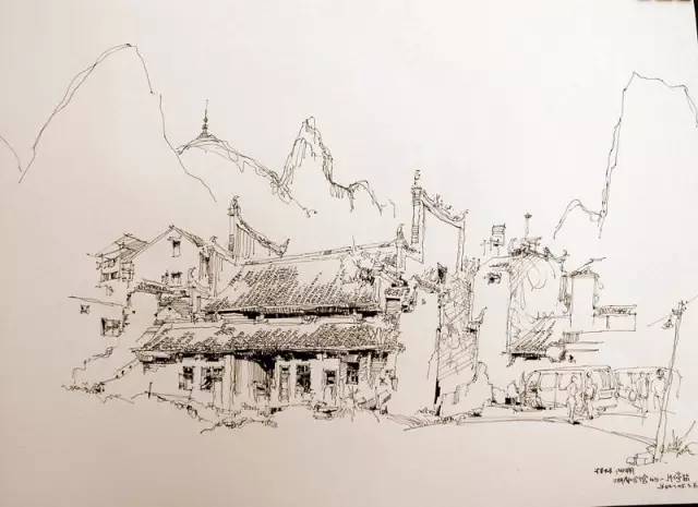 湘西凤凰古城写生速写风景,风景速写照片写生与原图