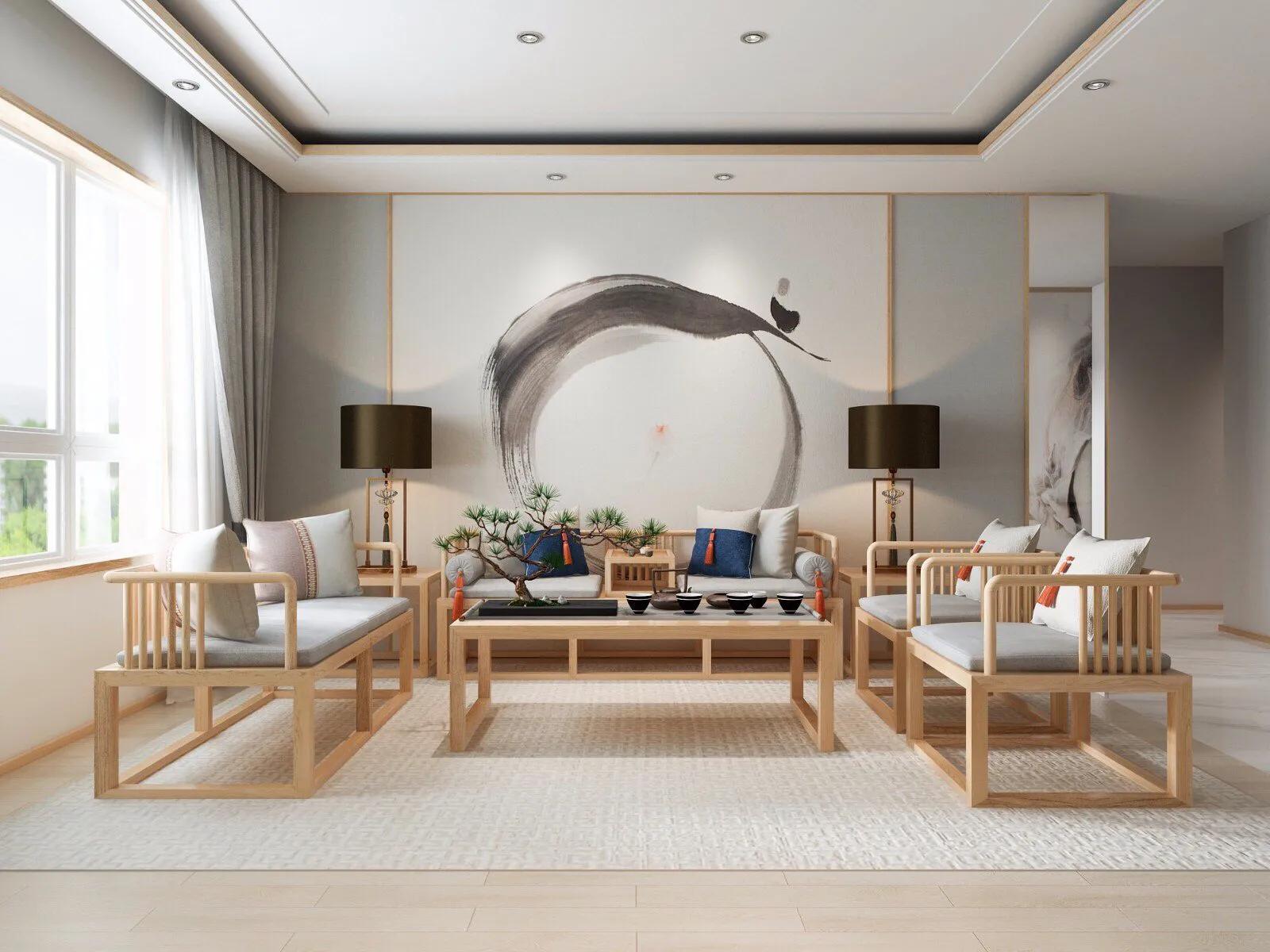 美式实木真皮沙发和中式红木沙发,6米客厅中式沙发13件套效果图