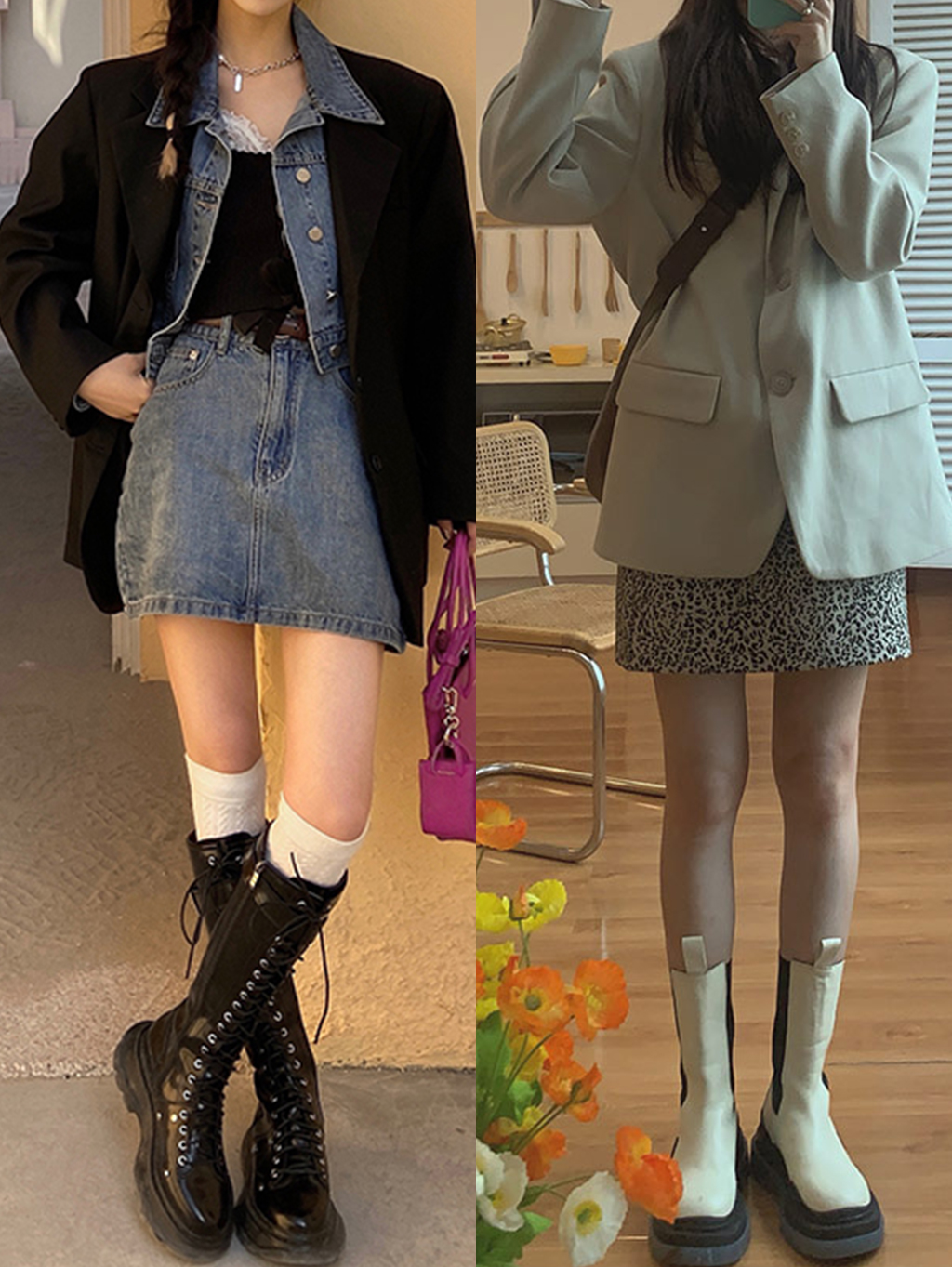 时髦又大方的韩范穿搭 (韩风穿搭格子西装配白色哈伦裤)