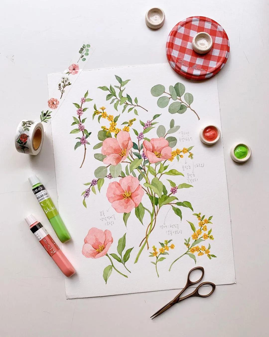 超美水彩画治愈,韩国女孩画画