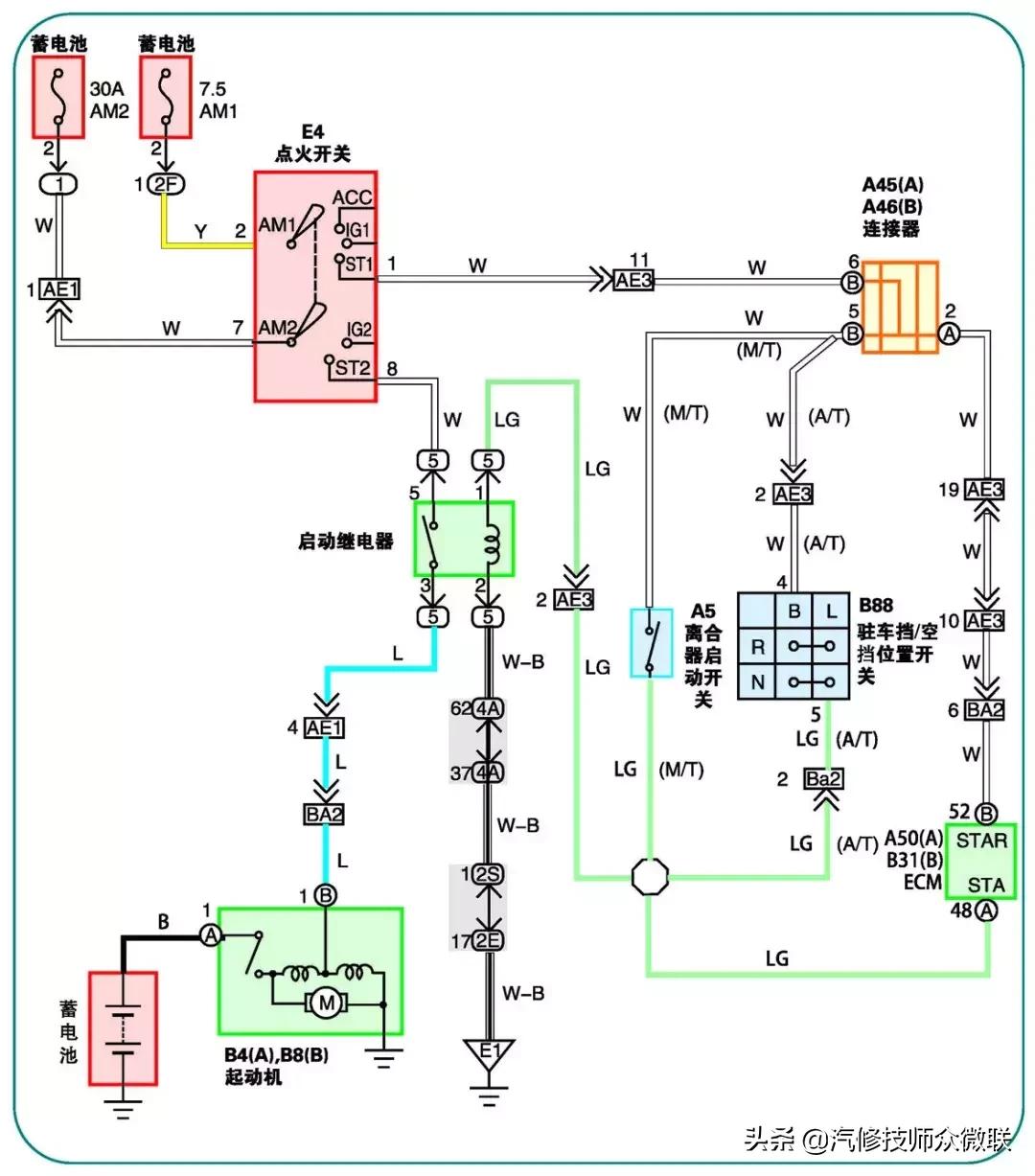 怎样看启动系统电路图,汽车启动系统电路图