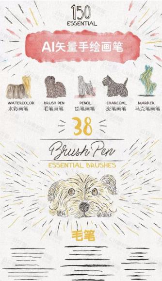 毛笔水彩画笔,ai笔刷画矢量插画