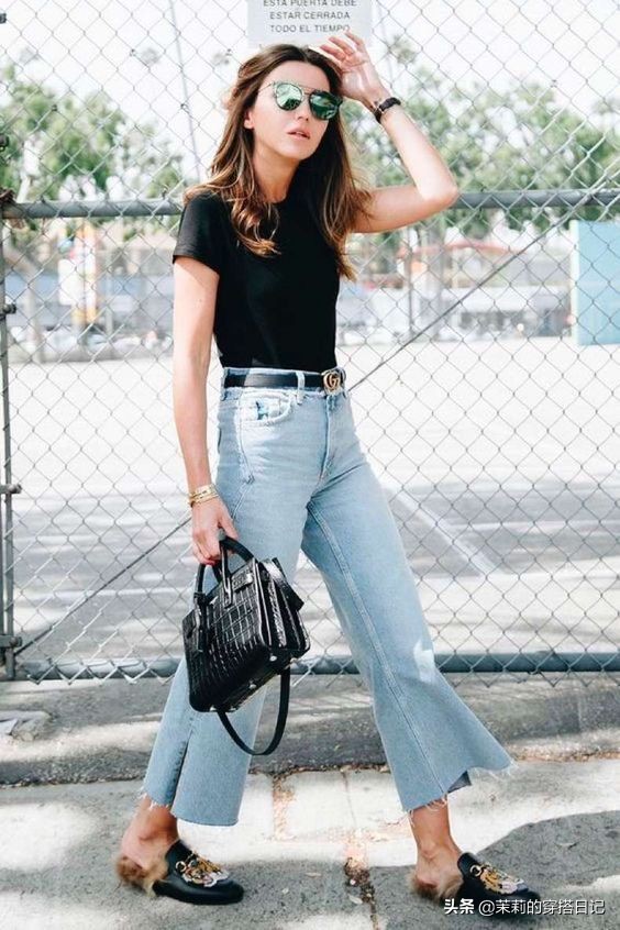 复古蓝高腰牛仔阔腿裤搭配,巨显瘦牛仔阔腿裤