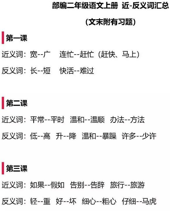 含有反义词的四字词语二年级上册,二年级近义词反义词练习题可打印