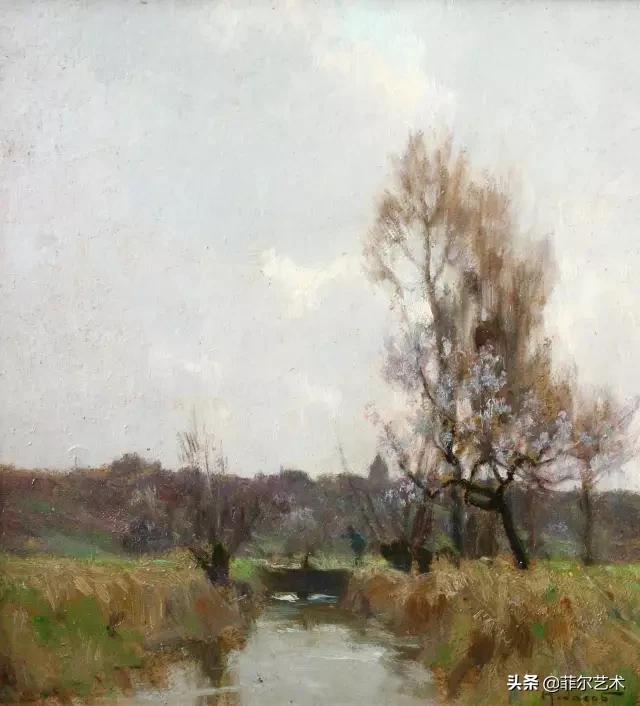 极简油画金色麦田和山,以红蓝为基调的风景油画