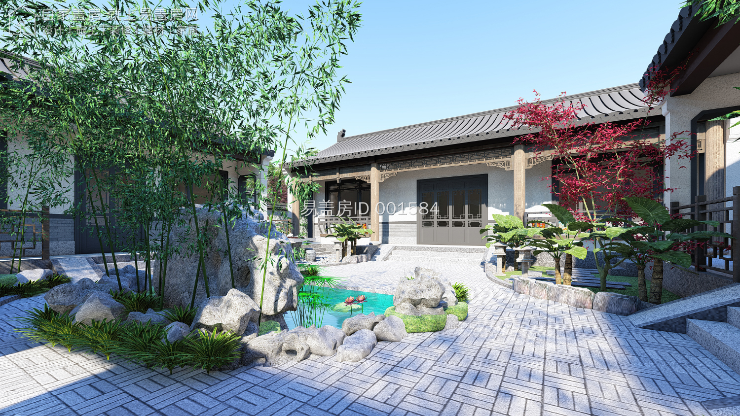 农村现代5套单层三合院,15米宽20米长中式合院图纸