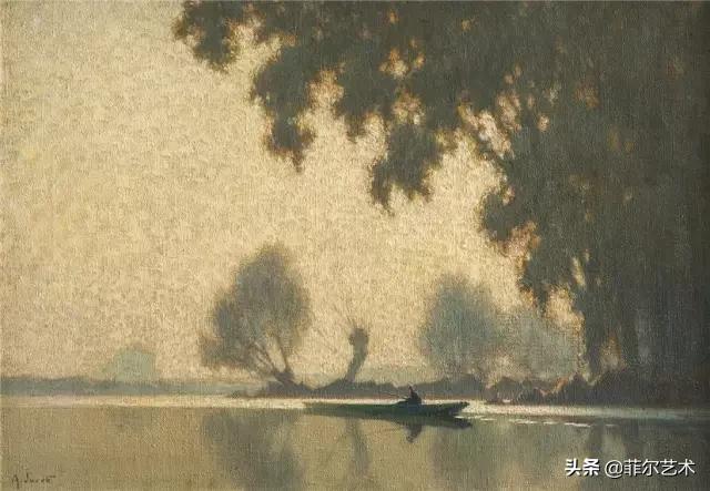 极简油画金色麦田和山,以红蓝为基调的风景油画