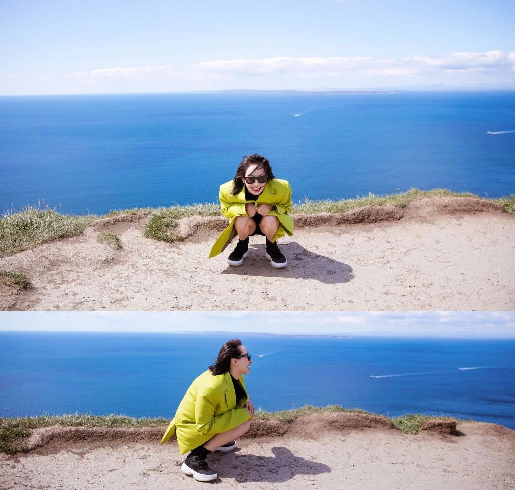 宋茜你为什么还单身?爱尔兰旅行一身芥末绿西装还露腿明媚美好