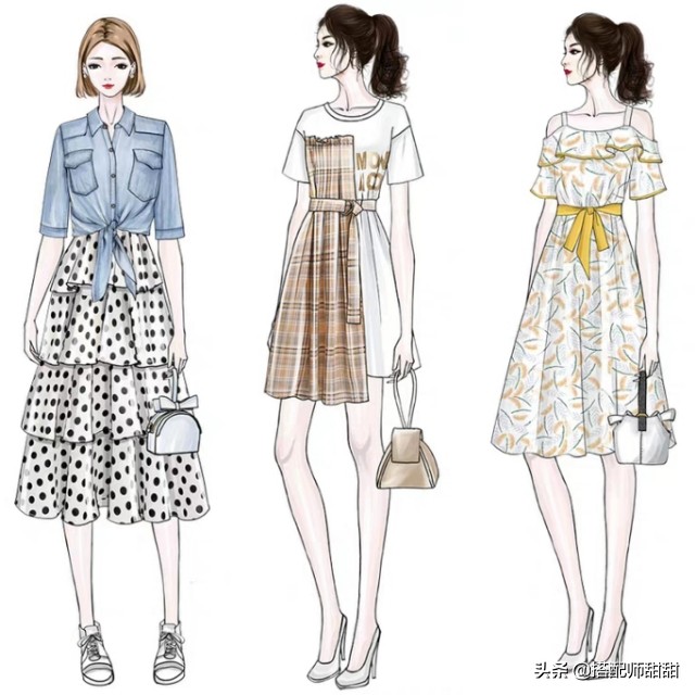 日系手绘穿衣搭配图,女孩每日穿搭手绘