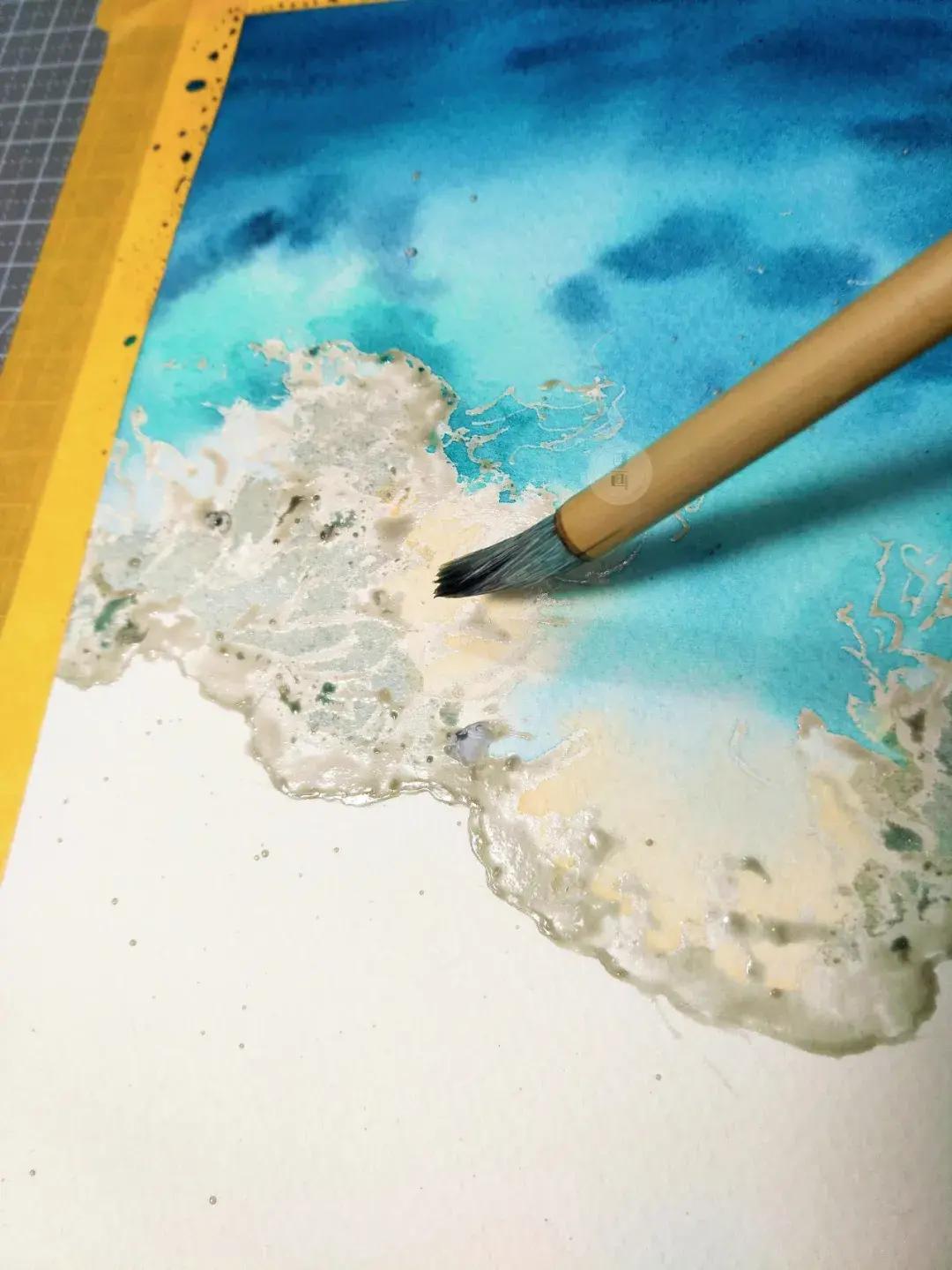 用水彩笔画海滩和海鸥,水彩风景画海滩图片