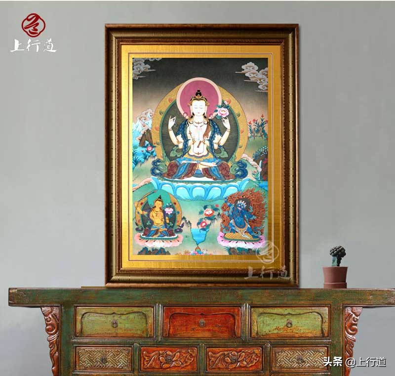 手绘金粉四臂观音唐卡,上行道彩绘装饰画