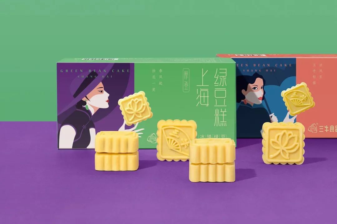 樱花绿豆糕包装盒,包装上印有福字的绿豆糕