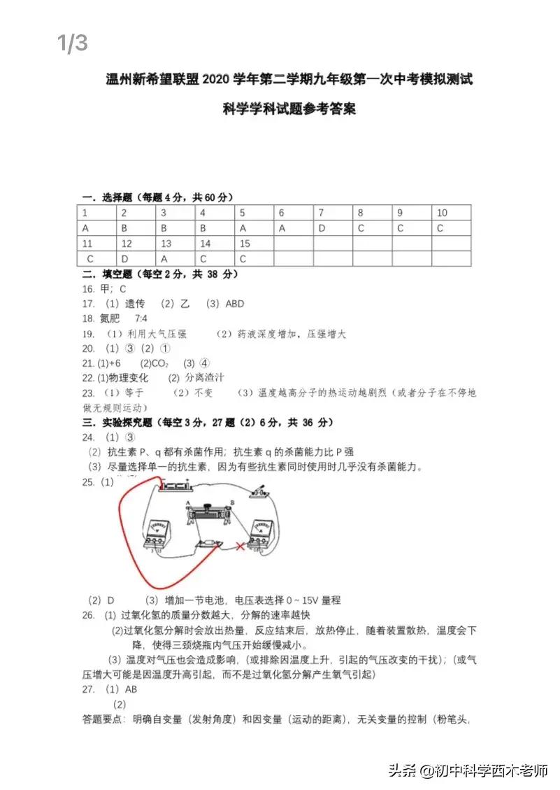 温州市2021年新希望联盟中考科学一模卷（附答案）