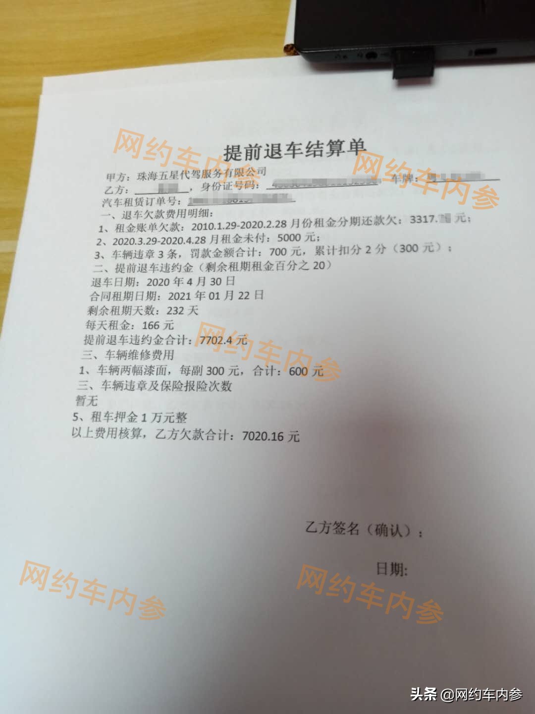 珠海网约车师傅交不起车租，退车要交7000多元违约金