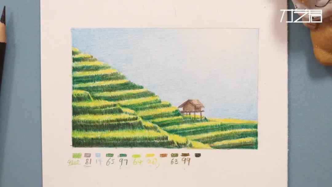 梯田彩铅风景画,彩铅田园风景画步骤教程