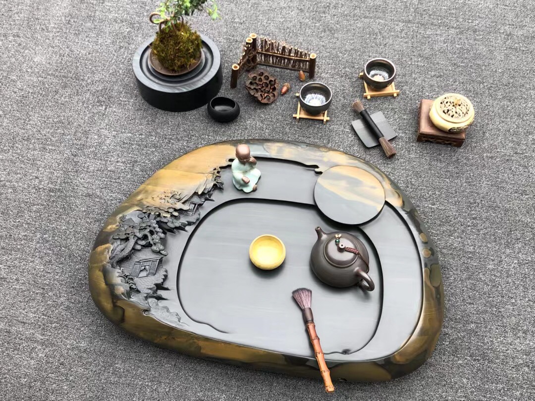 石头连体雕刻茶盘,工艺石头拼接摆件