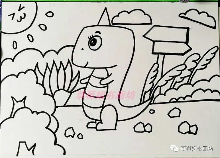 儿童马克笔画7岁恐龙,马克笔儿童画卡通人物绿色小恐龙