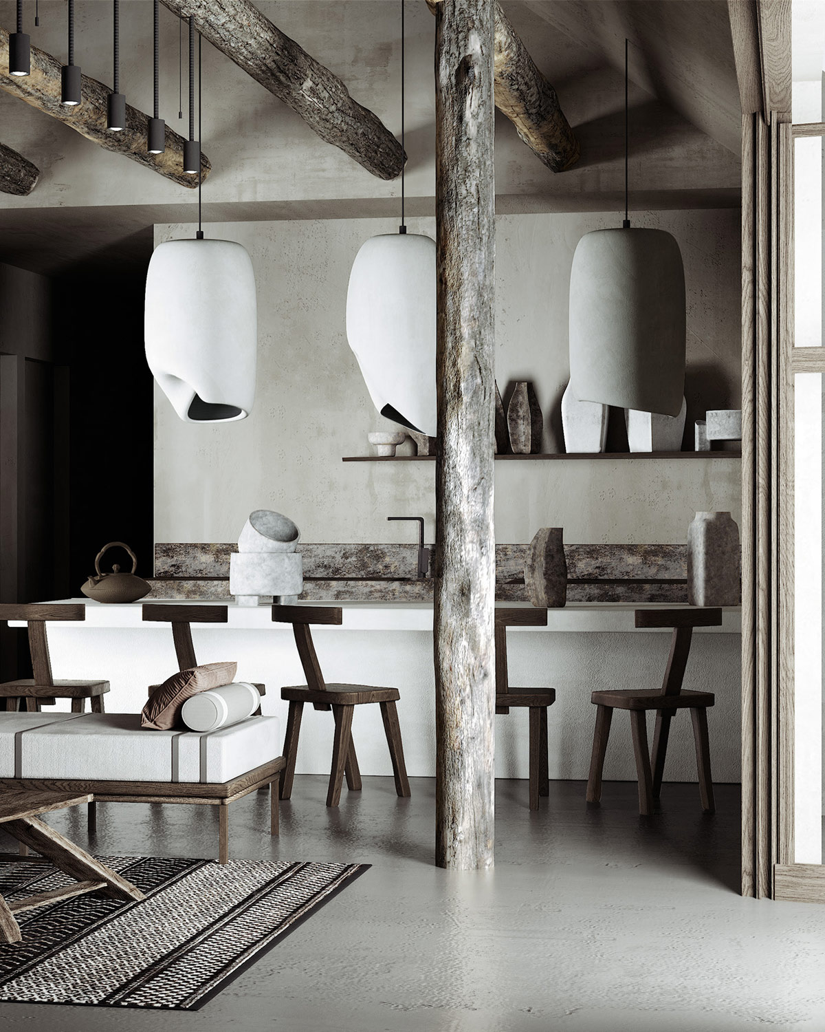 侘寂风屋顶原木设计,原木侘寂风住宅设计