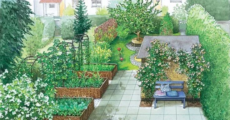 手绘清新小花园,日式庭院迷你小花园手绘