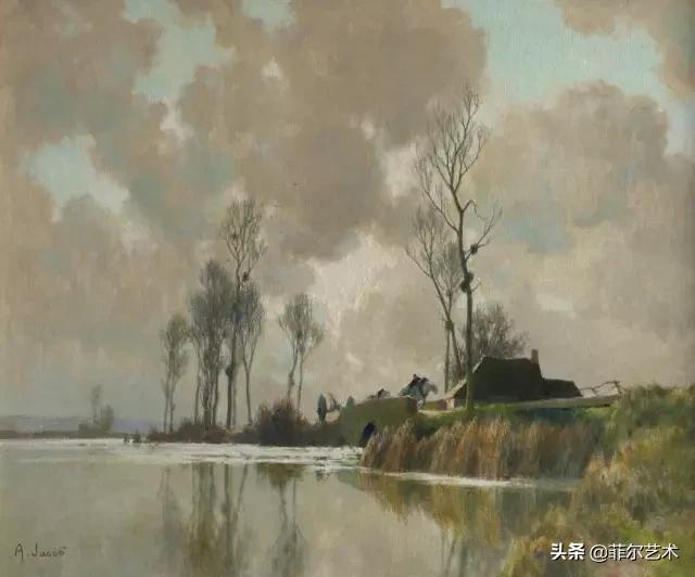 极简油画金色麦田和山,以红蓝为基调的风景油画