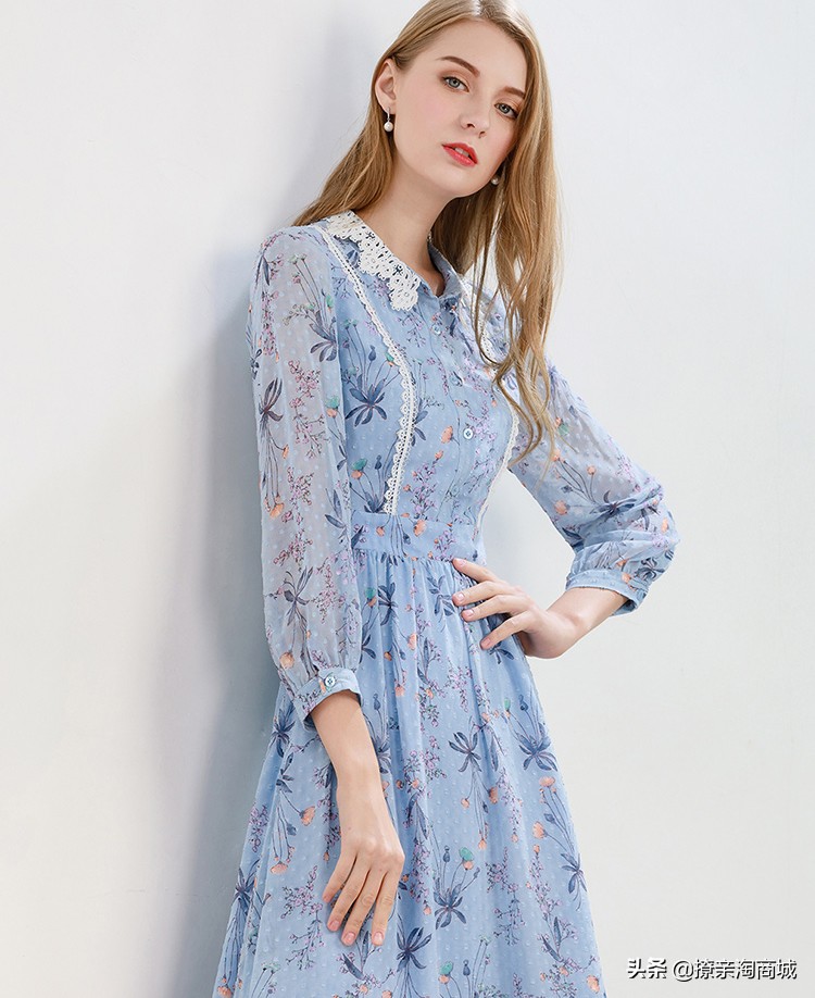 雪纺碎花连衣裙女夏中长款,2019冬款碎花连衣裙女
