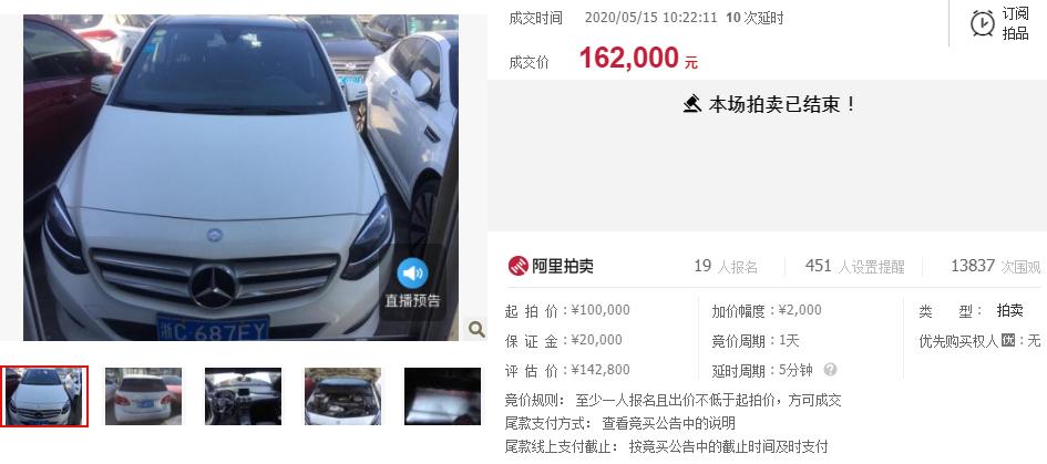 拍卖成功！浙江省温州市一辆车牌浙C687EY梅赛德斯奔驰牌小型汽车