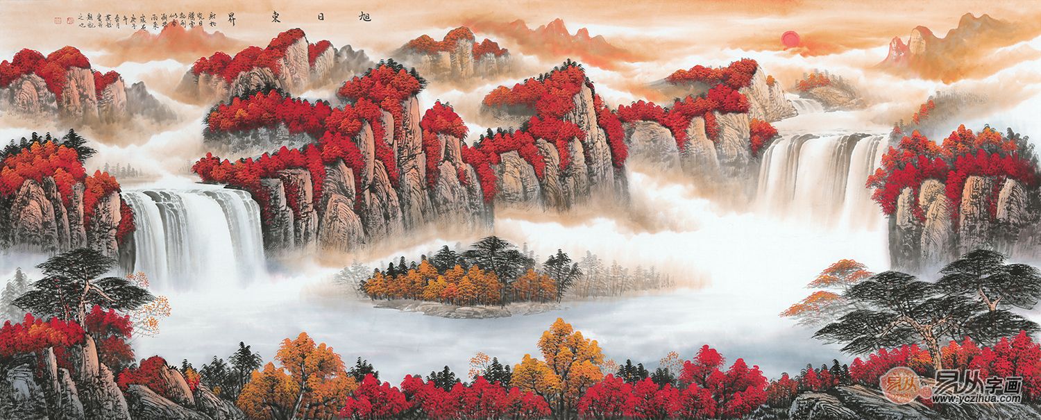 刘燕姣山水画作品紫气东来,风水国画山水画素材