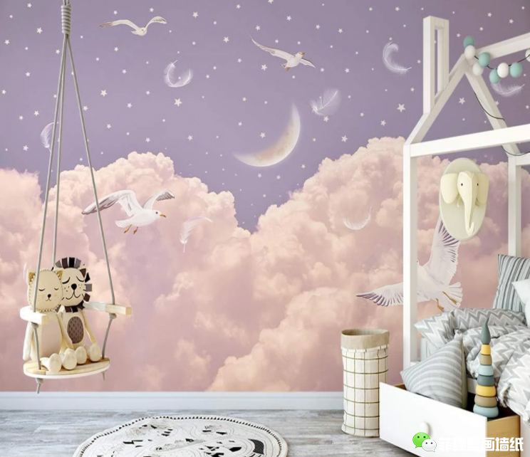 儿童房背景墙的十种高级配色,儿童房背景墙壁画星星月亮白云