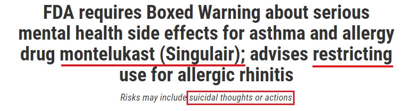 警告：孟鲁司特可致严重神经精神不良反应，甚至自杀