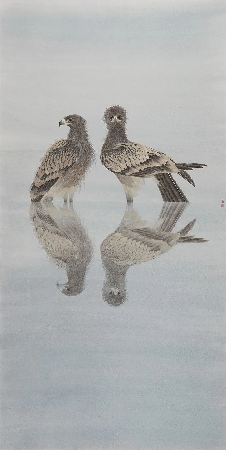 他画的鹰，严谨工致，萧疏威严