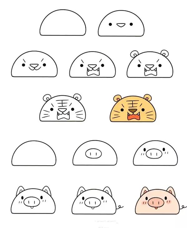 用六个圆和两个半圆画小动物,简笔画教程两分钟画出超萌小动物