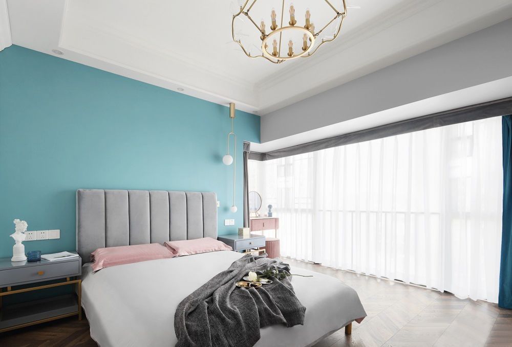 美式轻奢客厅和书房一体设计,美式轻奢风卧室书房一体效果图