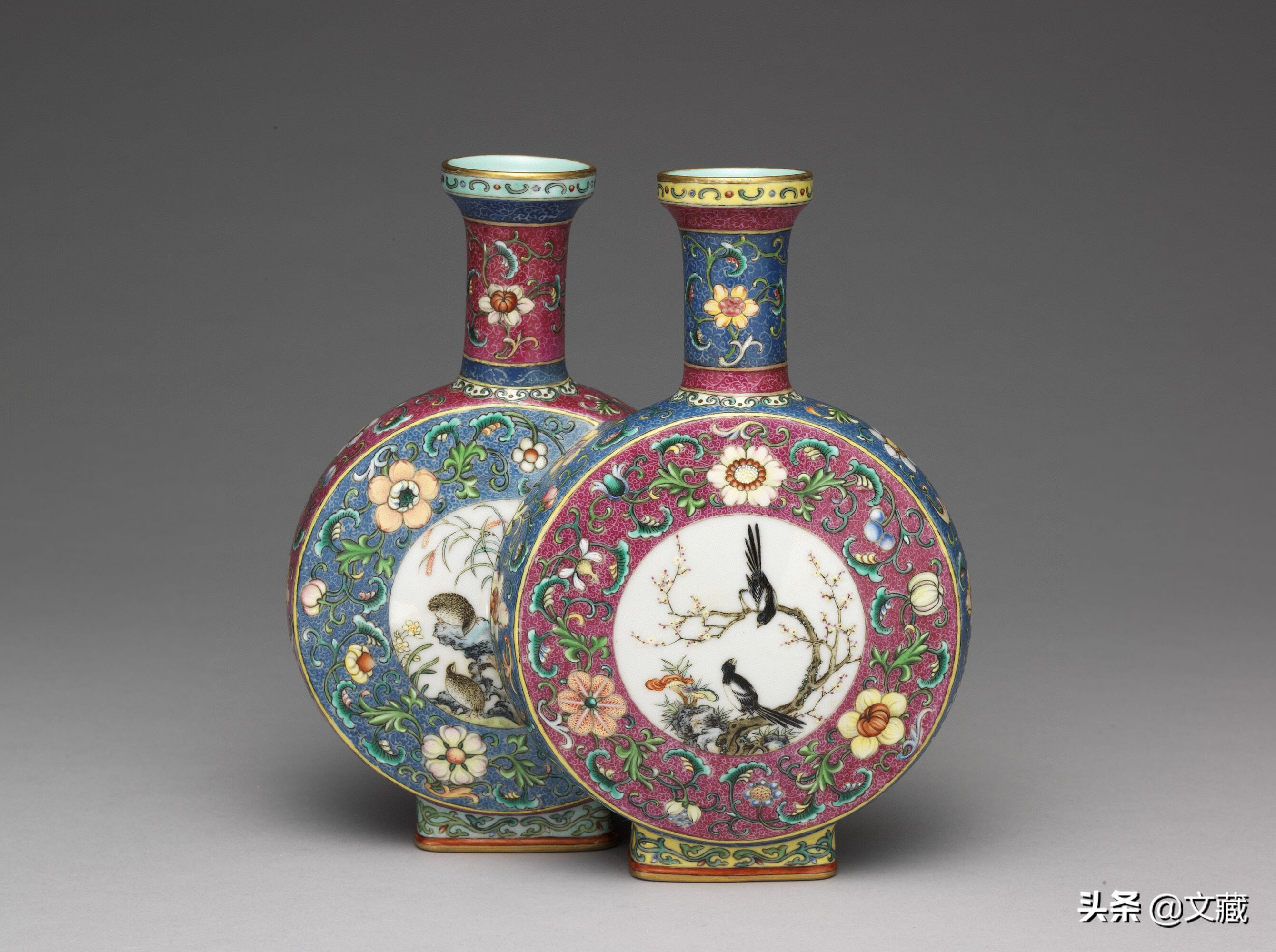 清代乾隆年粉彩花鸟诗文六角瓶,清代乾隆官窑粉彩双耳大罐