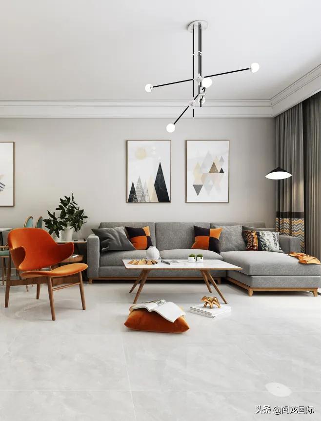 轻奢风格客厅用深色地砖效果图,现代轻奢装修风格地砖选什么颜色