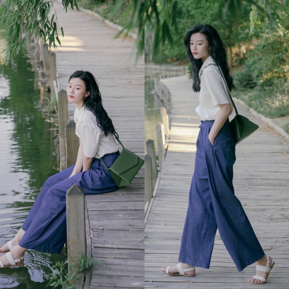 秋款短衫配牛仔阔腿裤穿,上紧下松穿搭阔腿裤加衬衫