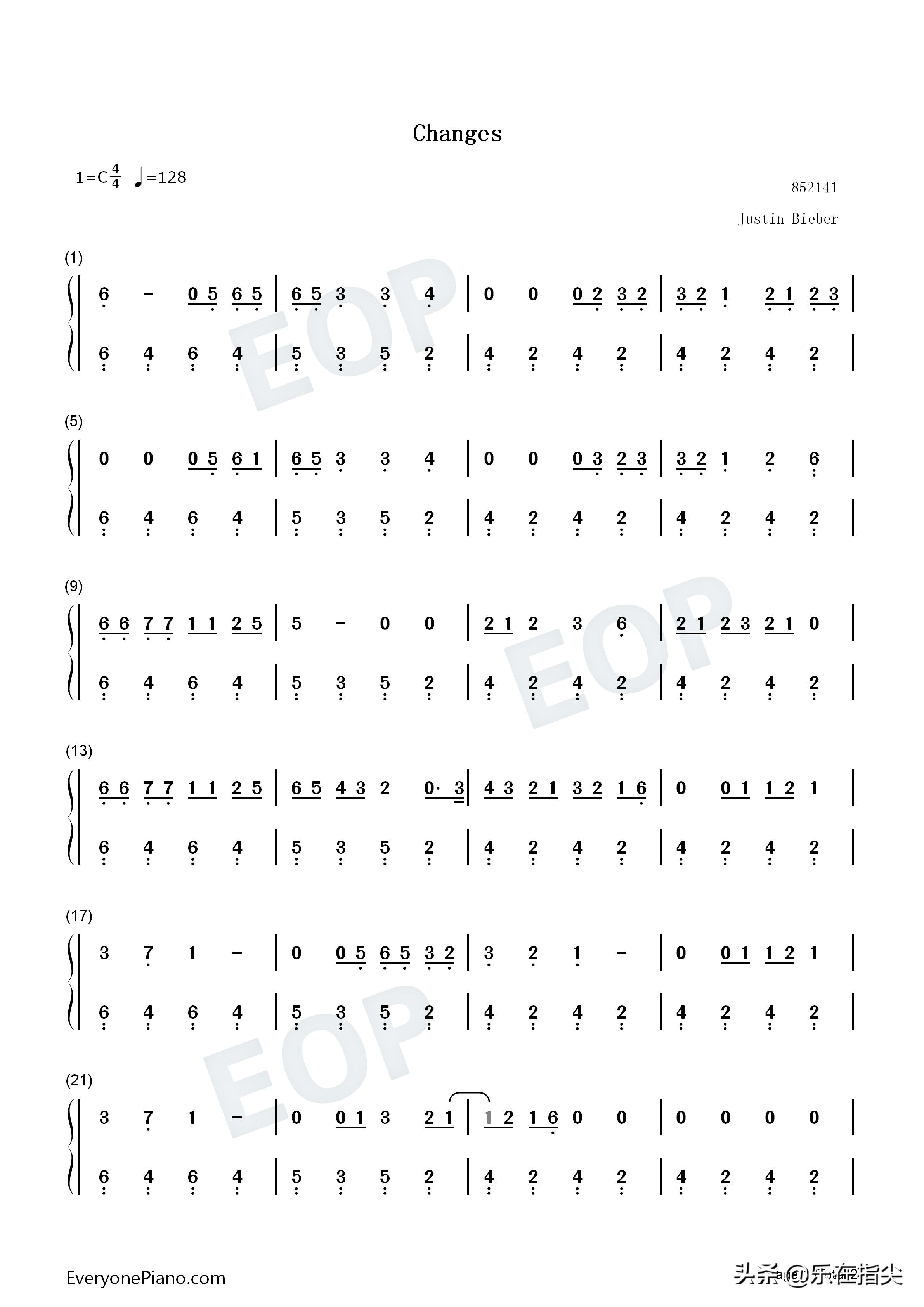 changes钢琴谱双手完整,stayjustinbieber钢琴简谱