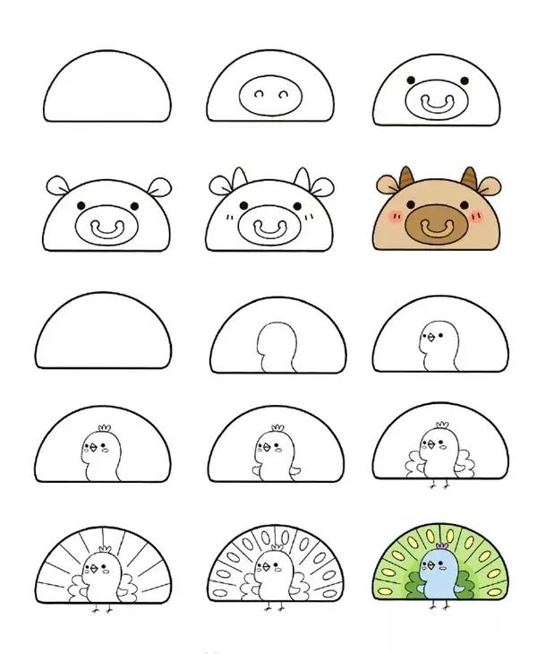 用六个圆和两个半圆画小动物,简笔画教程两分钟画出超萌小动物