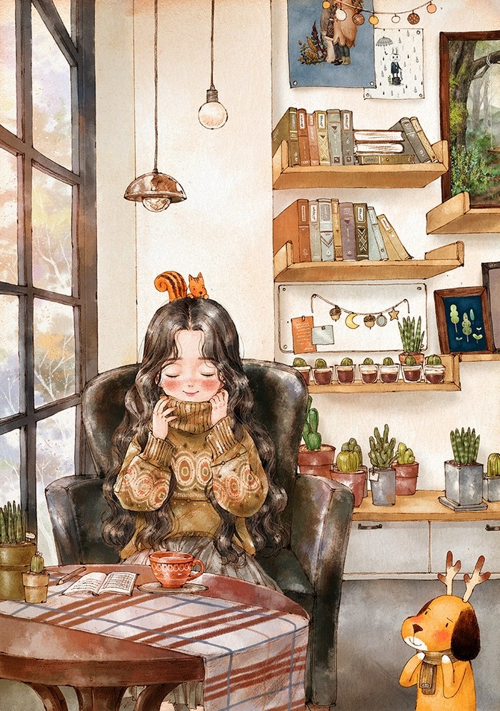 韩国插画师森林女孩日记图文,水彩插画森林女孩日记