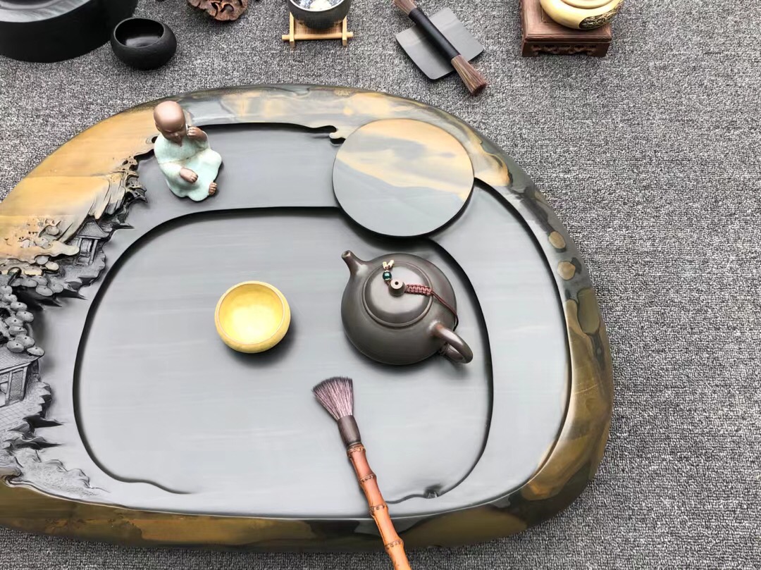石头连体雕刻茶盘,工艺石头拼接摆件