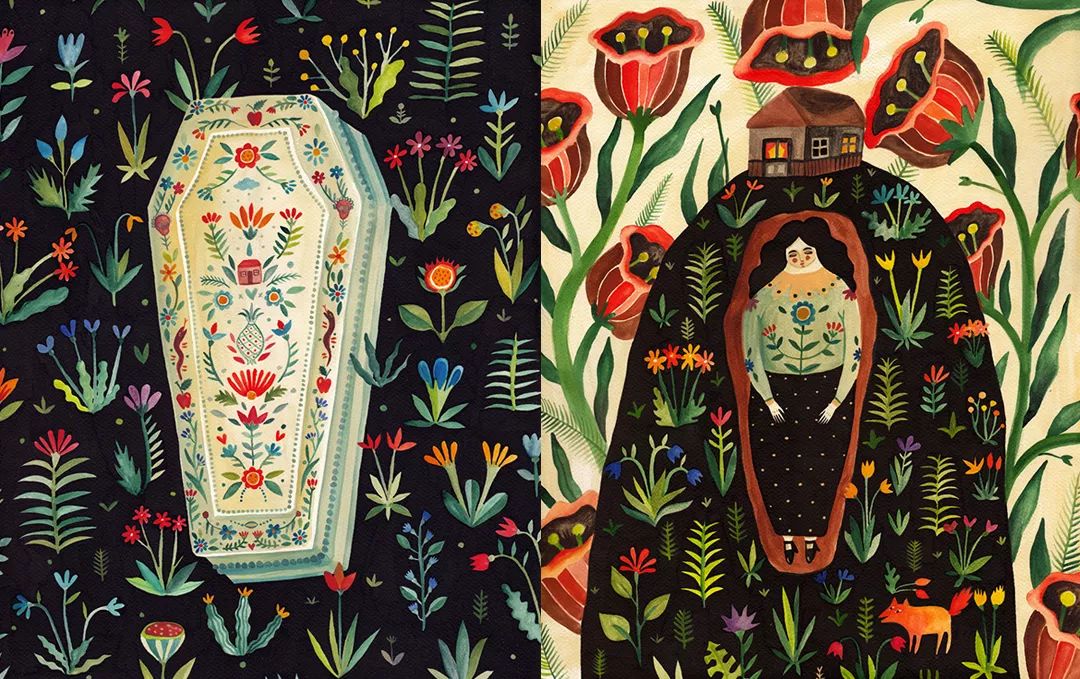 在诱人的民间插画中,艾奇将“不安”与花卉融为一体