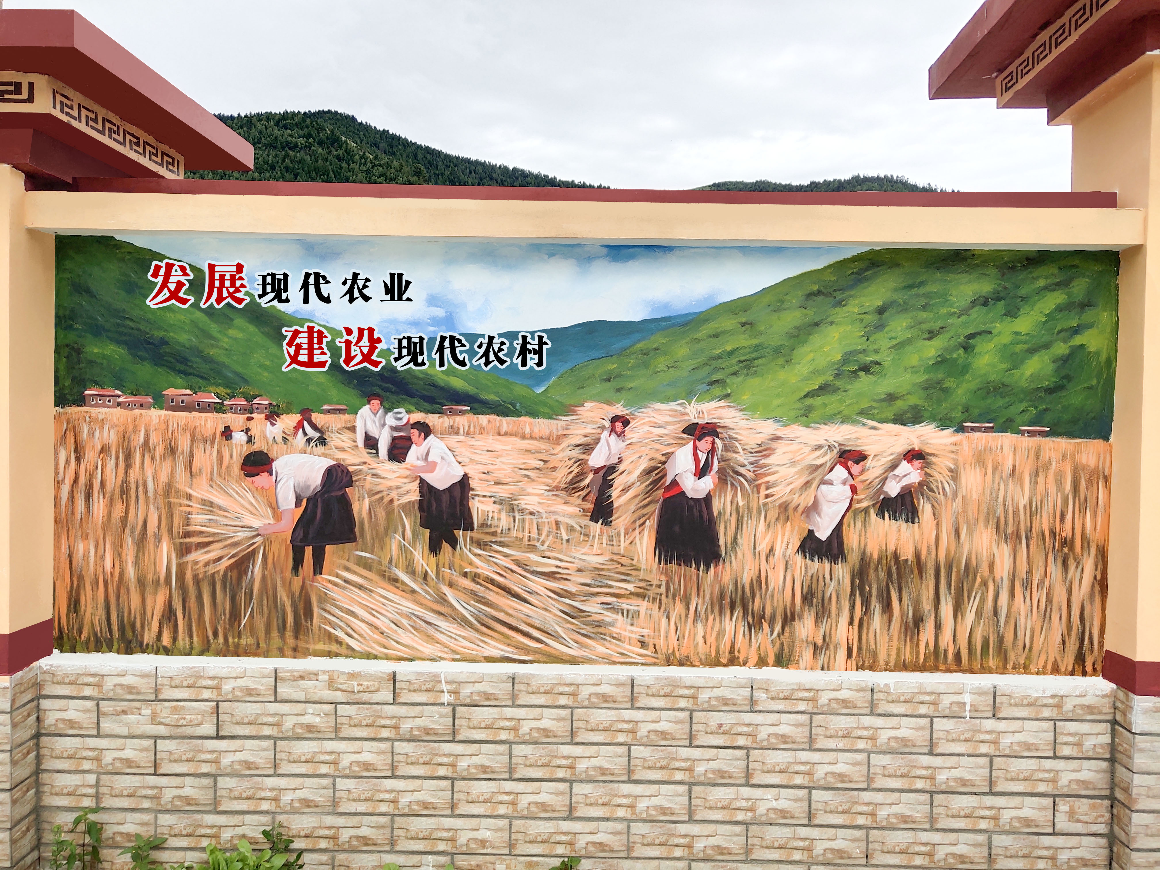 扇形传统文化手绘墙,打卡巨幅手绘文化墙