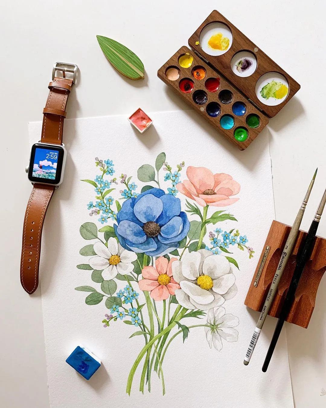 超美水彩画治愈,韩国女孩画画