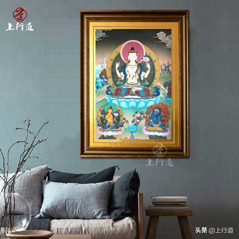 手绘金粉四臂观音唐卡,上行道彩绘装饰画