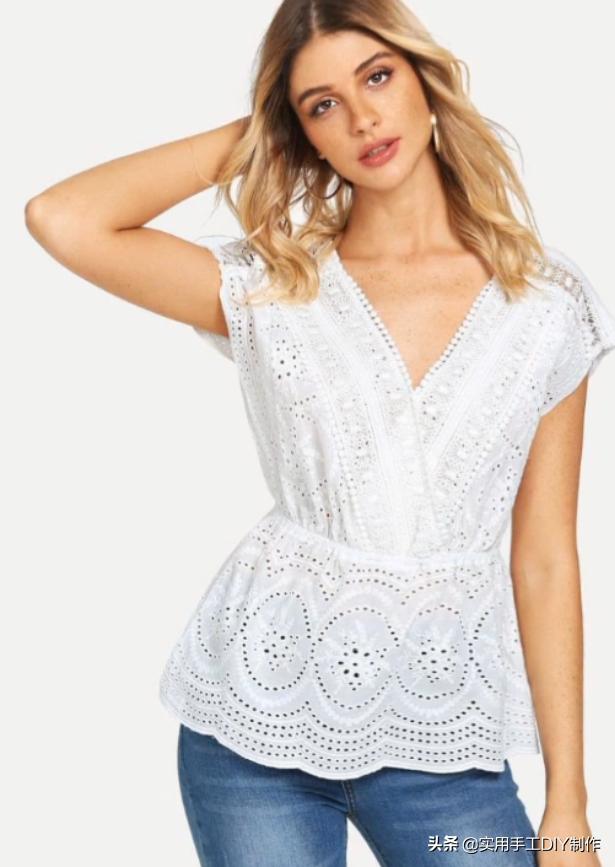 2020蕾丝领时尚气质纯色衬衣,时尚设计荷叶花边纽扣套头衬衫