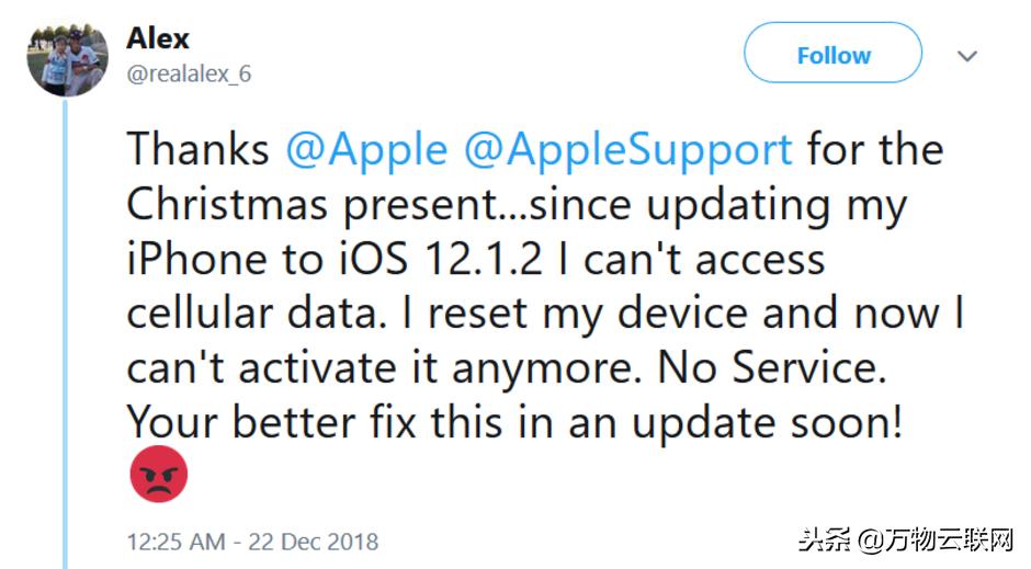 苹果iOS12.1.2系统更新后，全球多种iPhone手机失去蜂窝数据连接