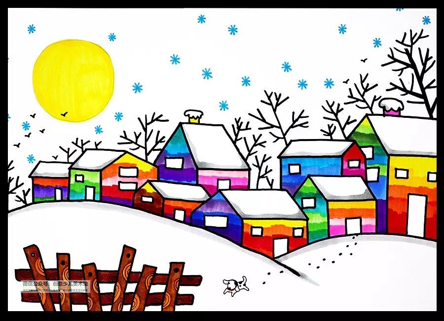 儿童画冬日街道风景,冬日里的树林儿童画