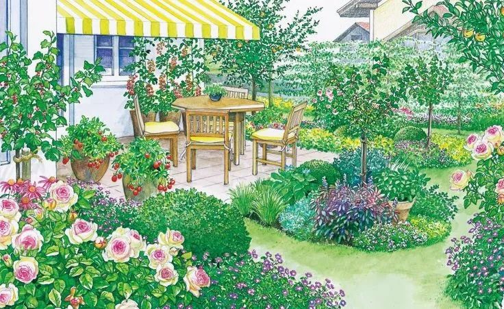 手绘清新小花园,日式庭院迷你小花园手绘