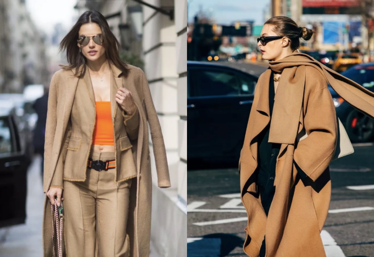 驼色大衣配黑色微喇裤,驼色大衣搭配黑色工装裤